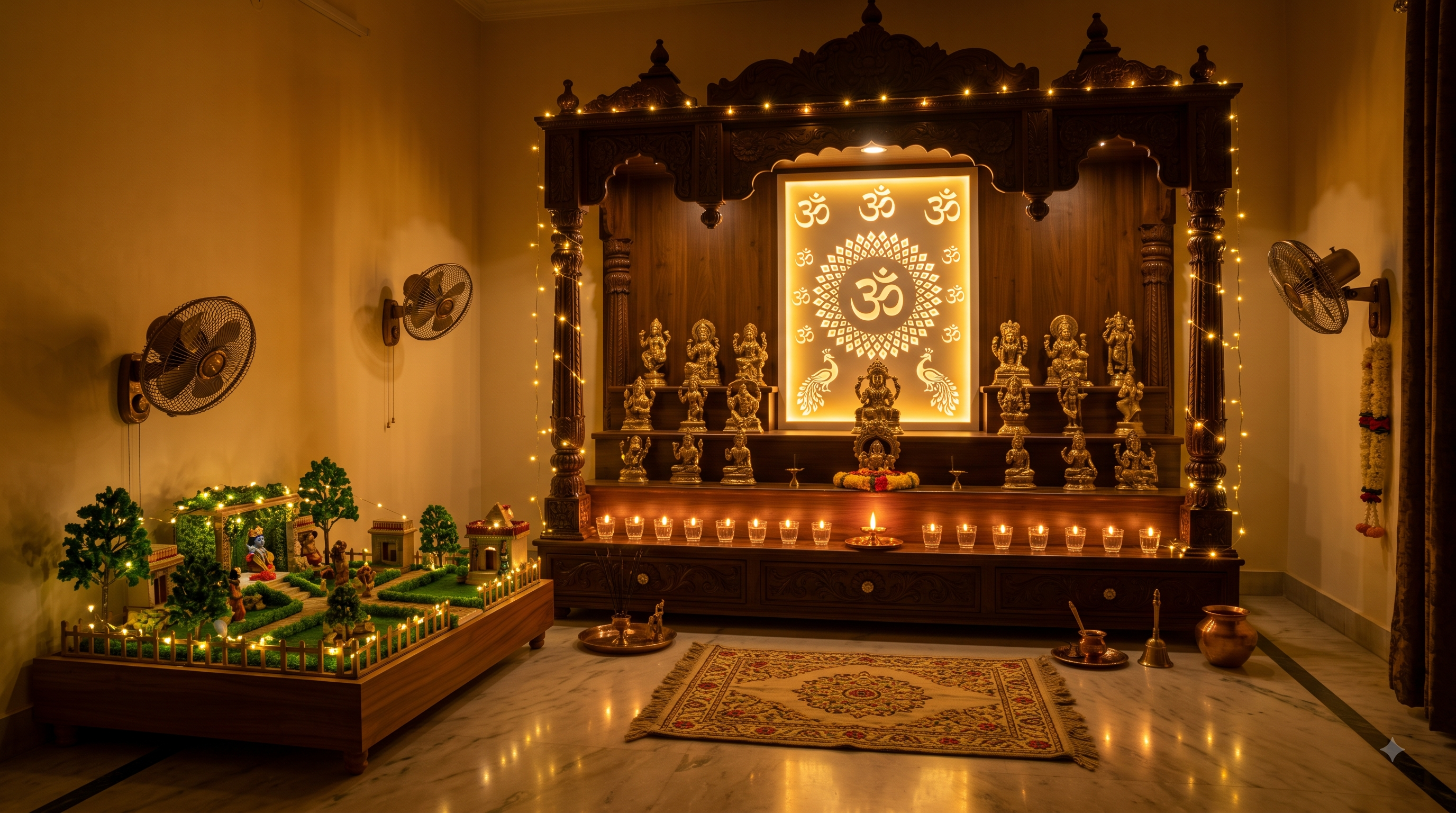 Crafted Wooden Home Mandir with LED Om Backlight (2x3 Feet)